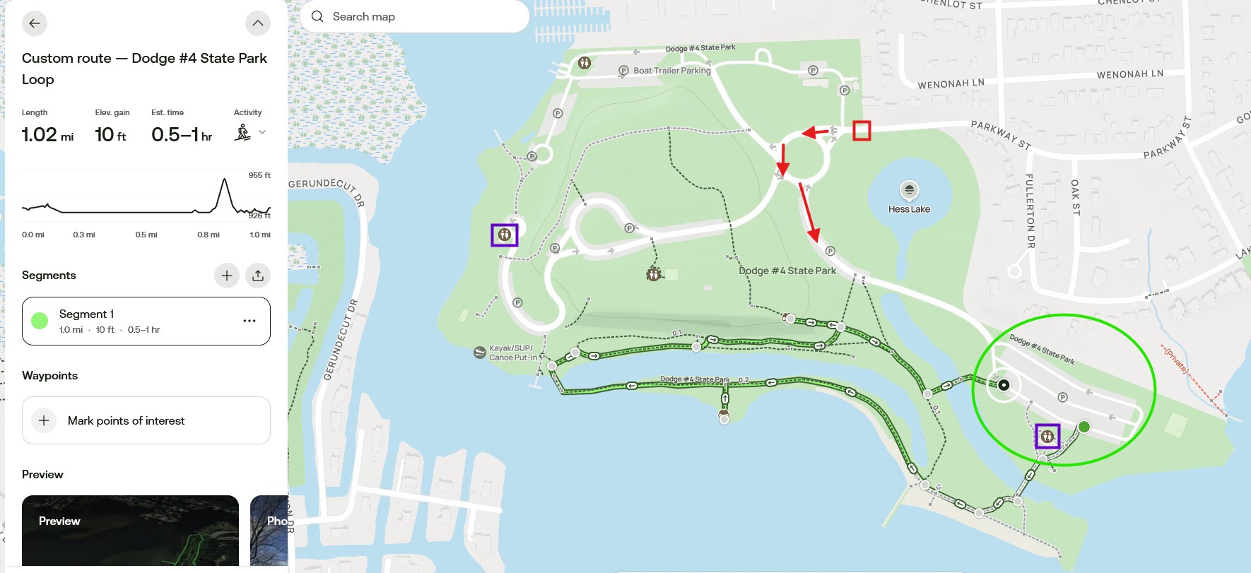Map of Dodge #4 State park with proposed outing route indicated in green, a bright green circle around the Beach Parking Lot, red arrows indicating how to get from the park entrance shown with a red square to the Beach Parking Lot. Restrooms near the route are marked in purple. There is a box on the left that shows the length (1.02 mi) and elevation gain (10 feet) of the trail route. 